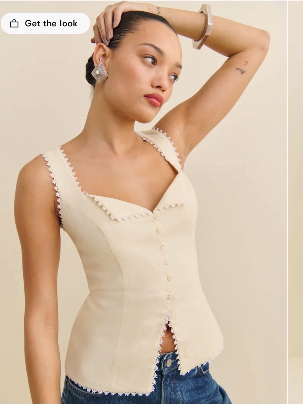 Reformation Viola Linen Cream Lace-Trim Button Corset Tank